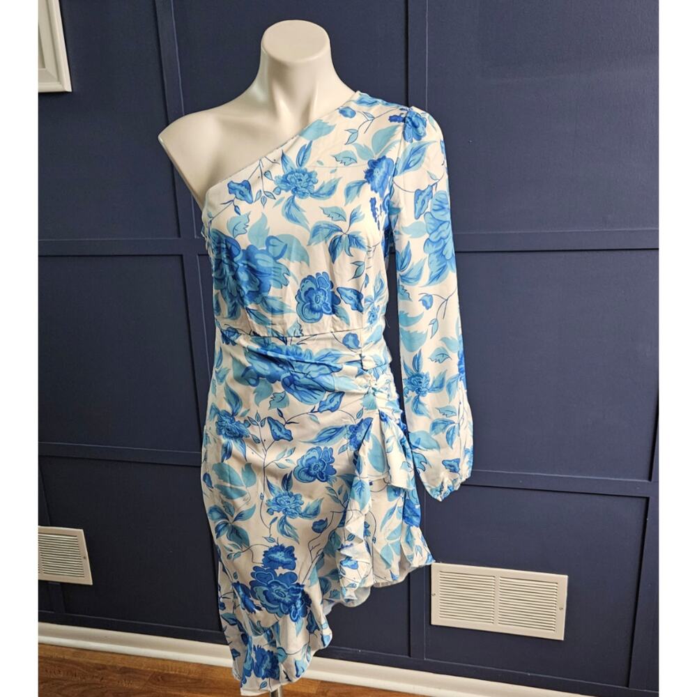 Shein 1 Shoulder Long Sleeve White with Blue Floral Print Dress sz Small